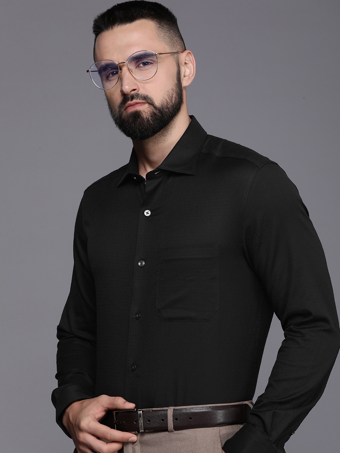 

Louis Philippe Self Design Pure Cotton Classic Fit Formal Shirt, Black