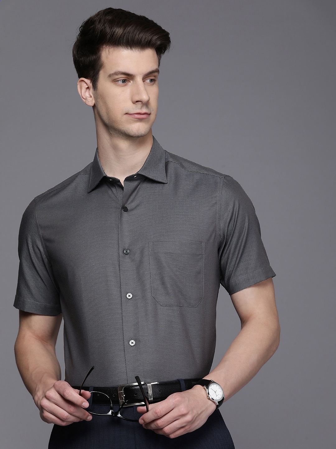 

Louis Philippe Textured Classic Fit Opaque Pure Cotton Formal Shirt, Grey