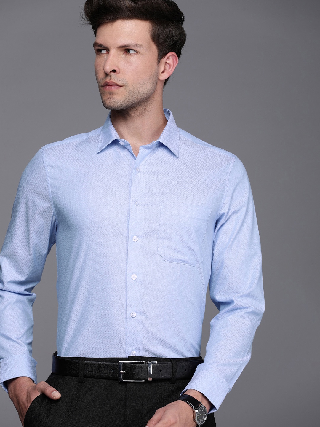 

Louis Philippe Self Design Slim Fit Pure Cotton Formal Shirt, Blue