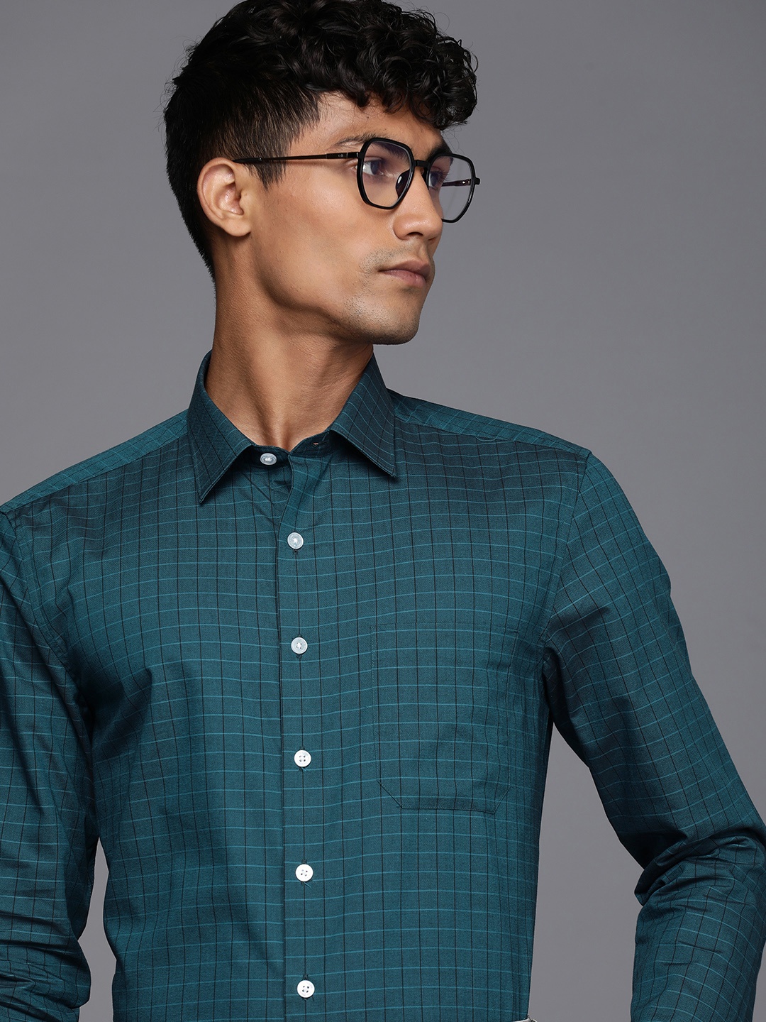 

Louis Philippe Slim Fit Pure Cotton Checked Formal Shirt, Teal
