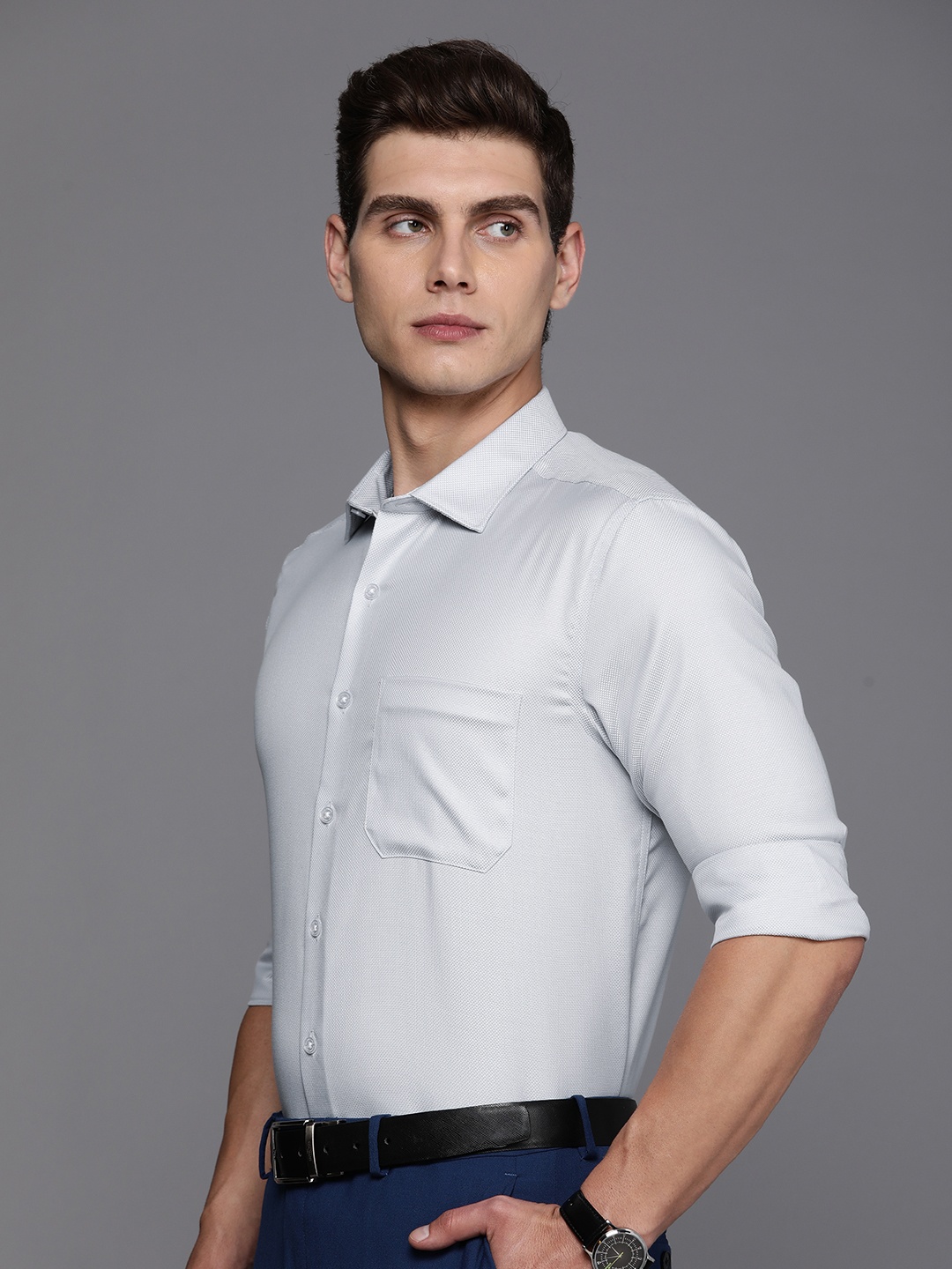 

Louis Philippe Permapress Men Pure Cotton Slim Fit Textured Wrinkle Free Formal Shirt, Grey