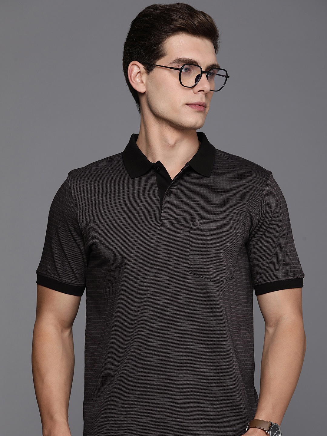 

Louis Philippe Men Printed Polo Collar Pure Cotton T-shirt, Black