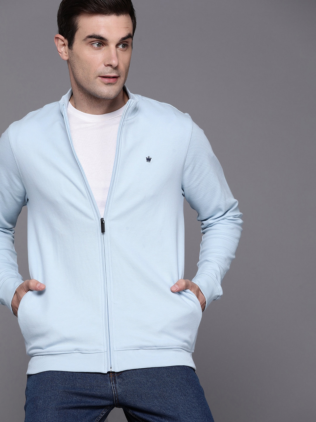 

Louis Philippe Solid Front-Open Sweatshirt, Blue
