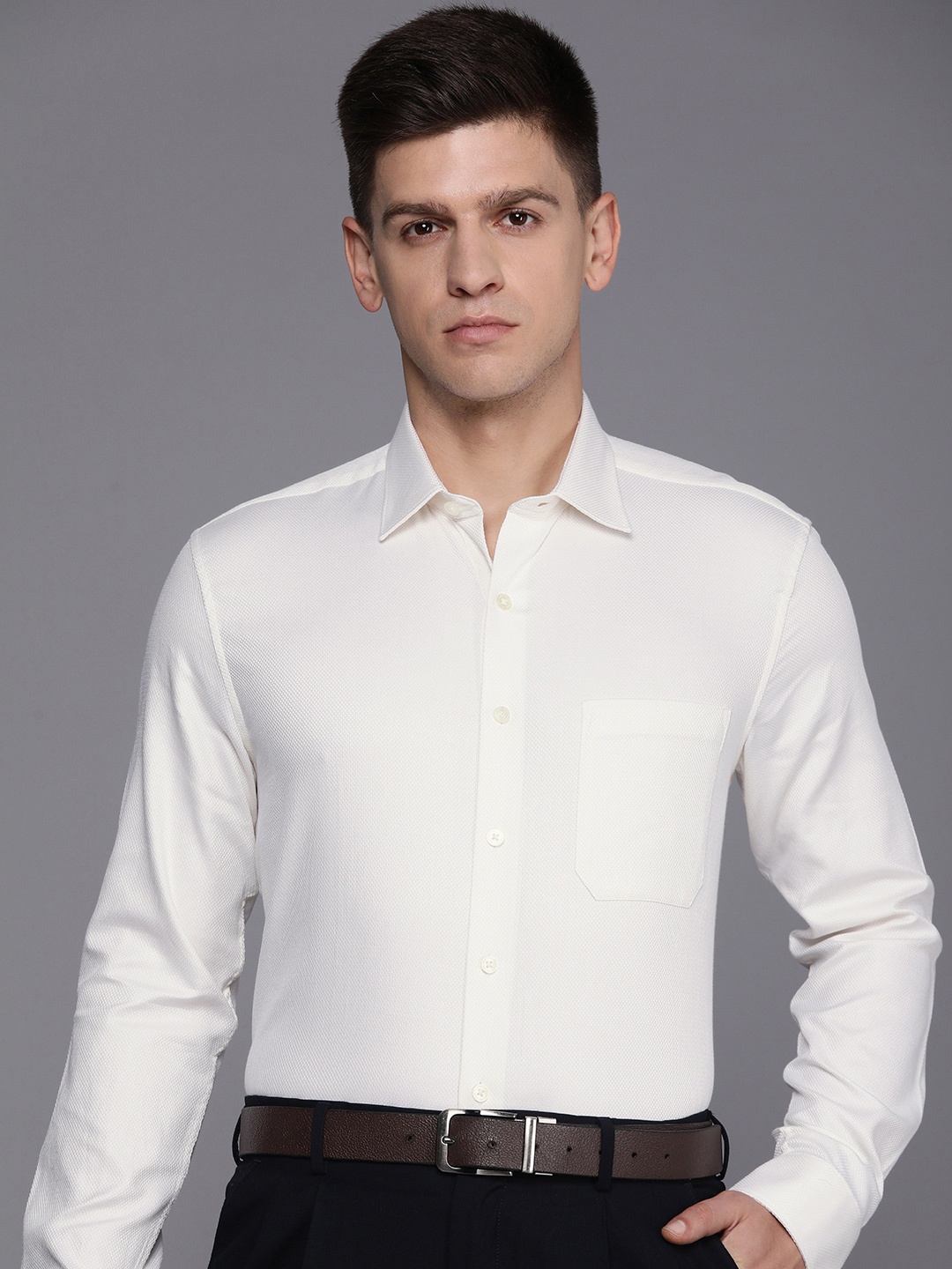 

Louis Philippe Men Textured Pure Cotton Slim Fit Formal Shirt, Cream