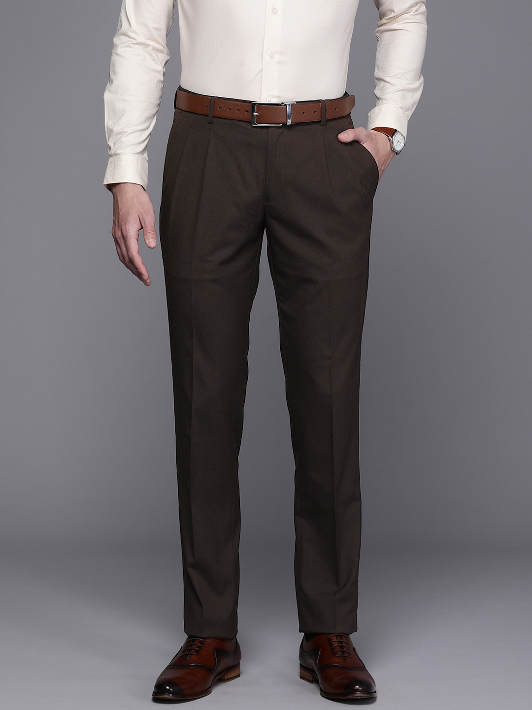 

Louis Philippe Men Solid Regular Fit Formal Trousers, Brown