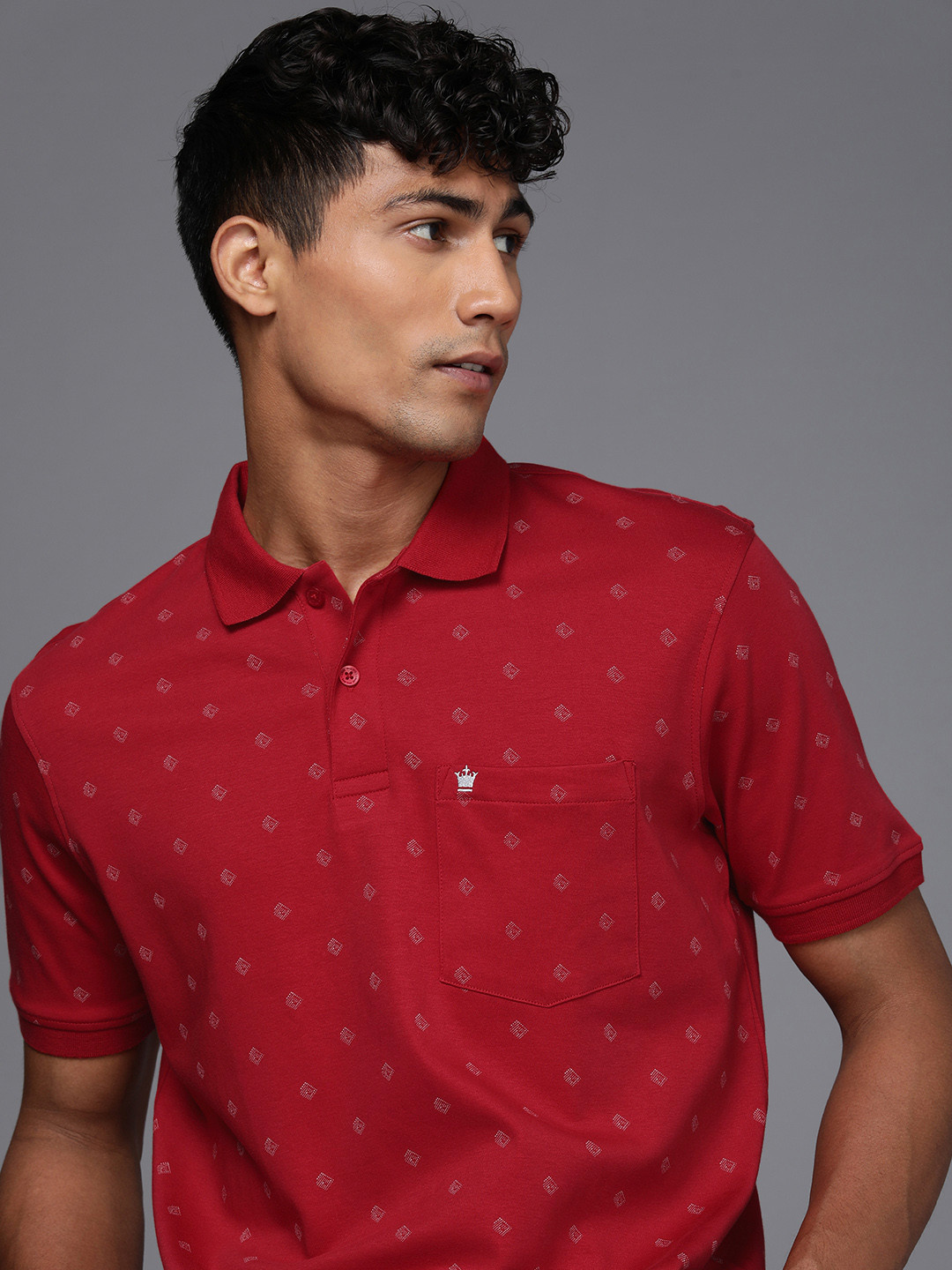 

Louis Philippe Geometric Printed Polo Collar Pure Cotton T-shirt With Chest Pocket Detail, Red