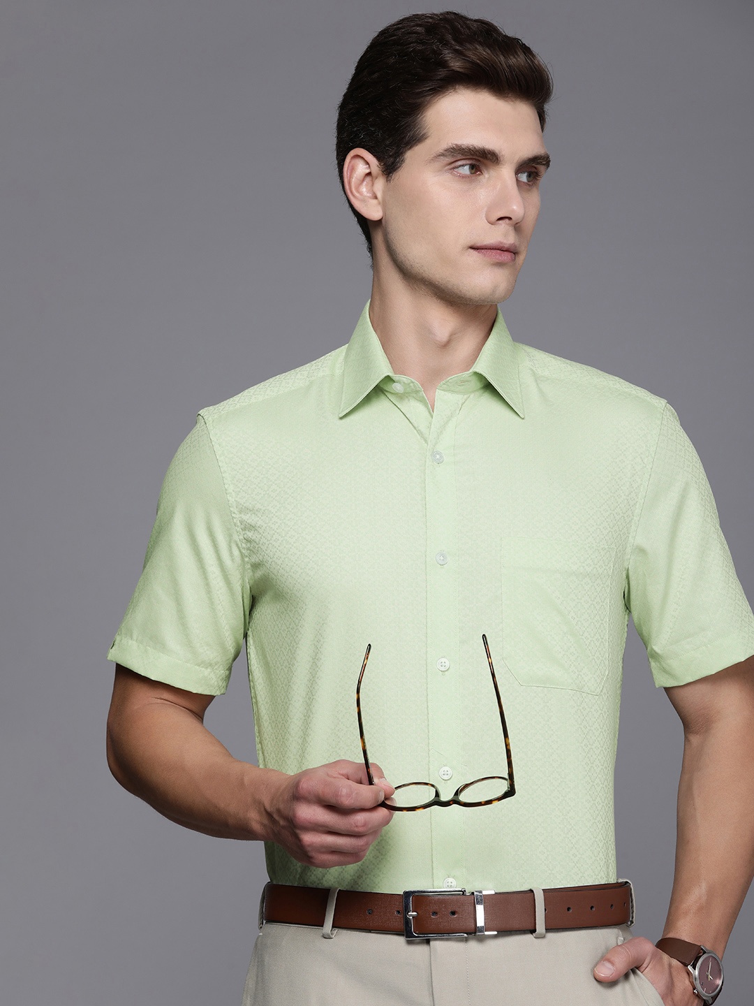 

Louis Philippe Pure Cotton Self Design Textured Classic Formal Shirt, Green