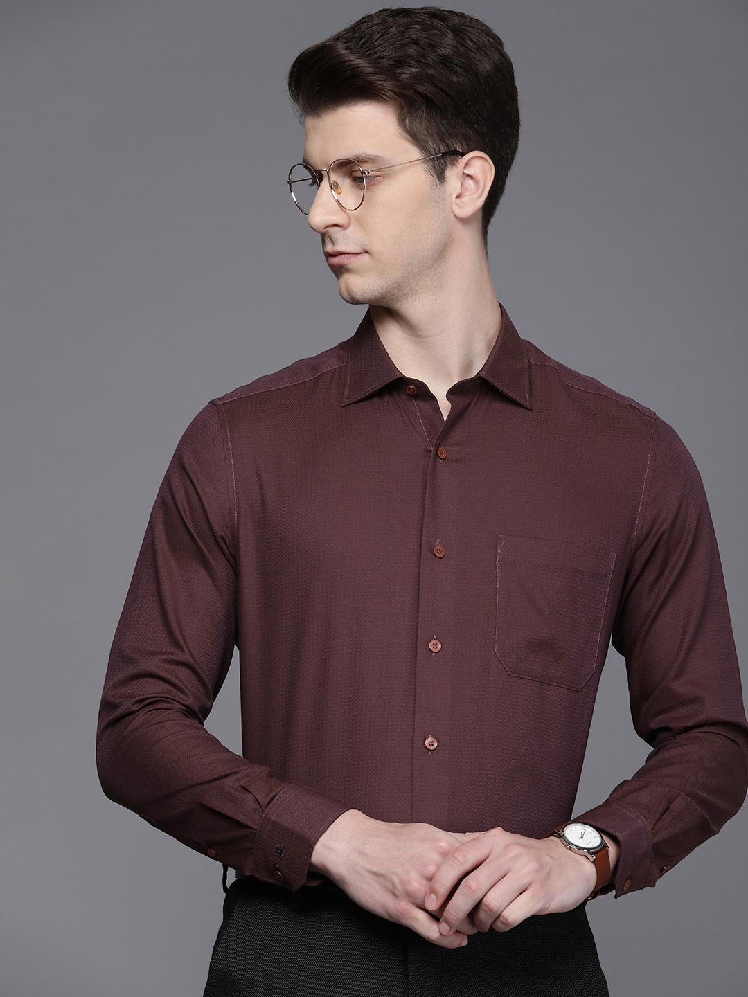 

Louis Philippe Textured Classic Fit Opaque Pure Cotton Formal Shirt, Maroon