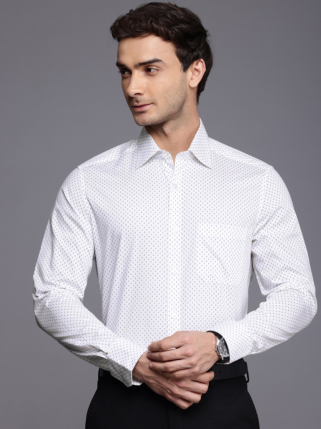 

Louis Philippe Classic Fit Pure Cotton Geometric Printed Formal Shirt, White