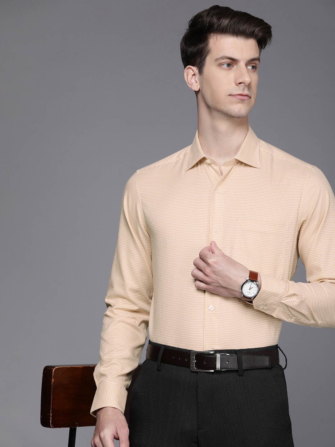 

Louis Philippe Pure Cotton Self Design Textured Classic Formal Shirt, Beige