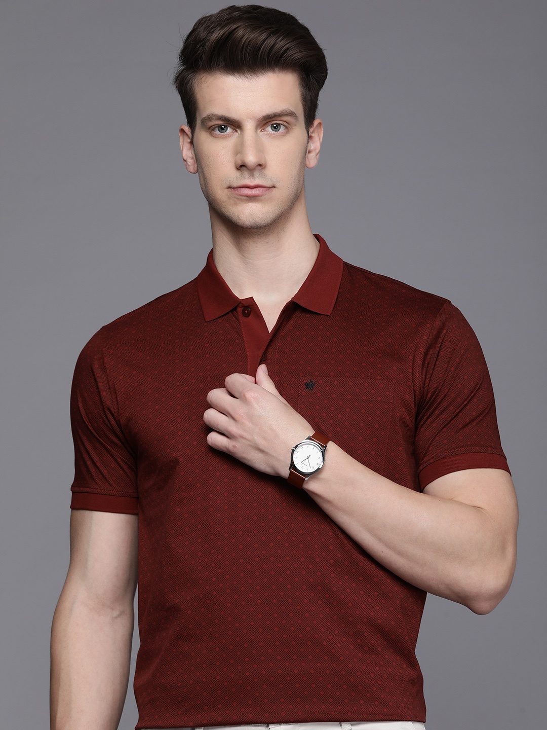 

Louis Philippe Geometric Printed Polo Collar Pure Cotton Pocket T-shirt, Maroon