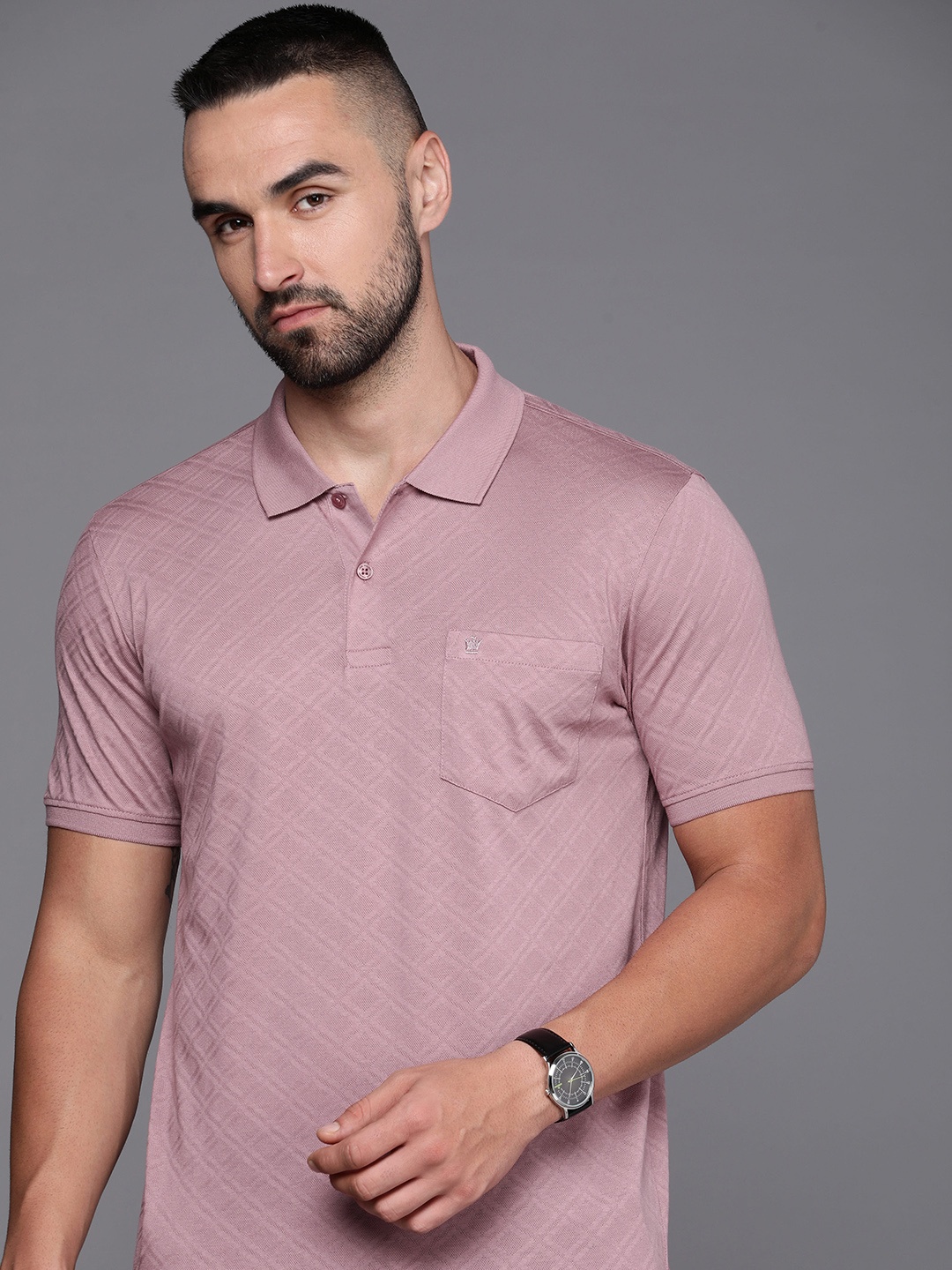 

Louis Philippe Self Design Polo Collar Pure Cotton T-shirt, Mauve