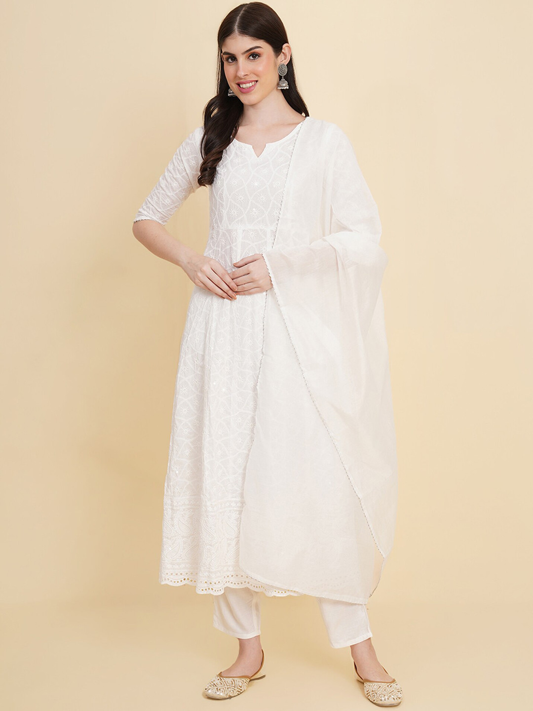 

Royal Export Ethnic Motifs Sequinned Embroidered Anarkali Cotton Kurta With Dupatta, White