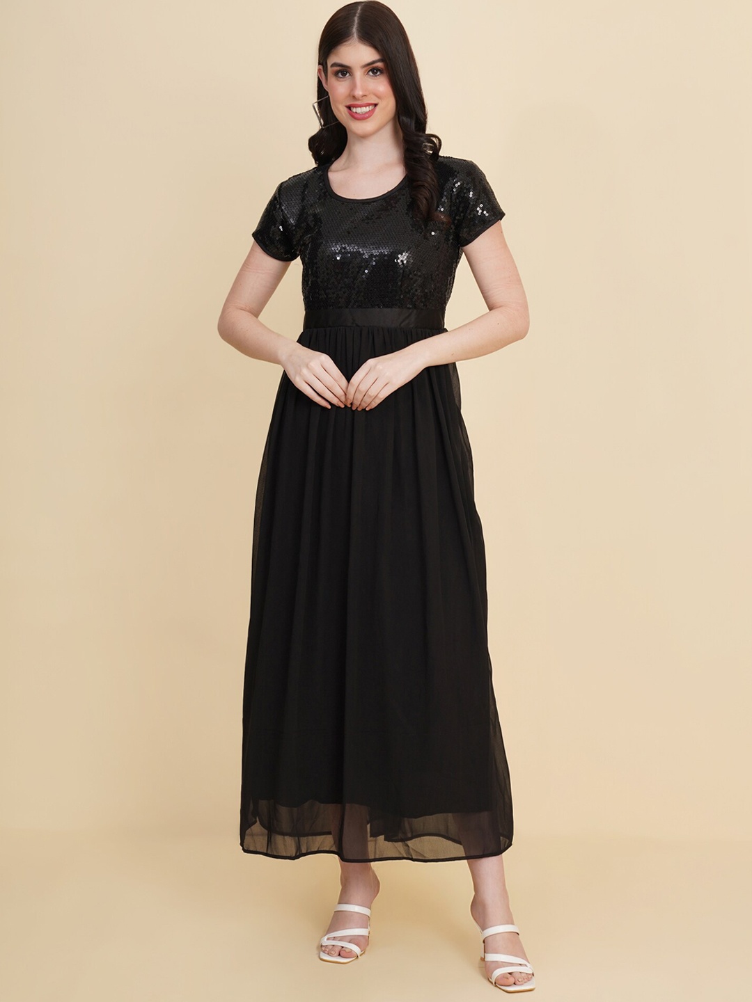 

Royal Export Embellished Sequined Georgette Maxi Ethnic Gown, Black