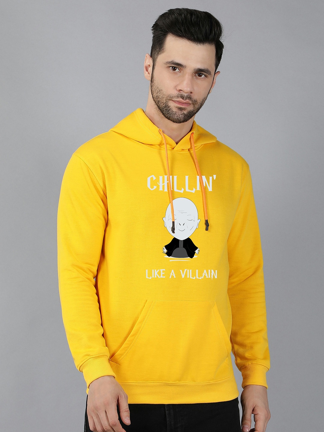 

Fashion And Youth Graphic Printed Hooded Long Sleeves Fleece Pullover, Yellow