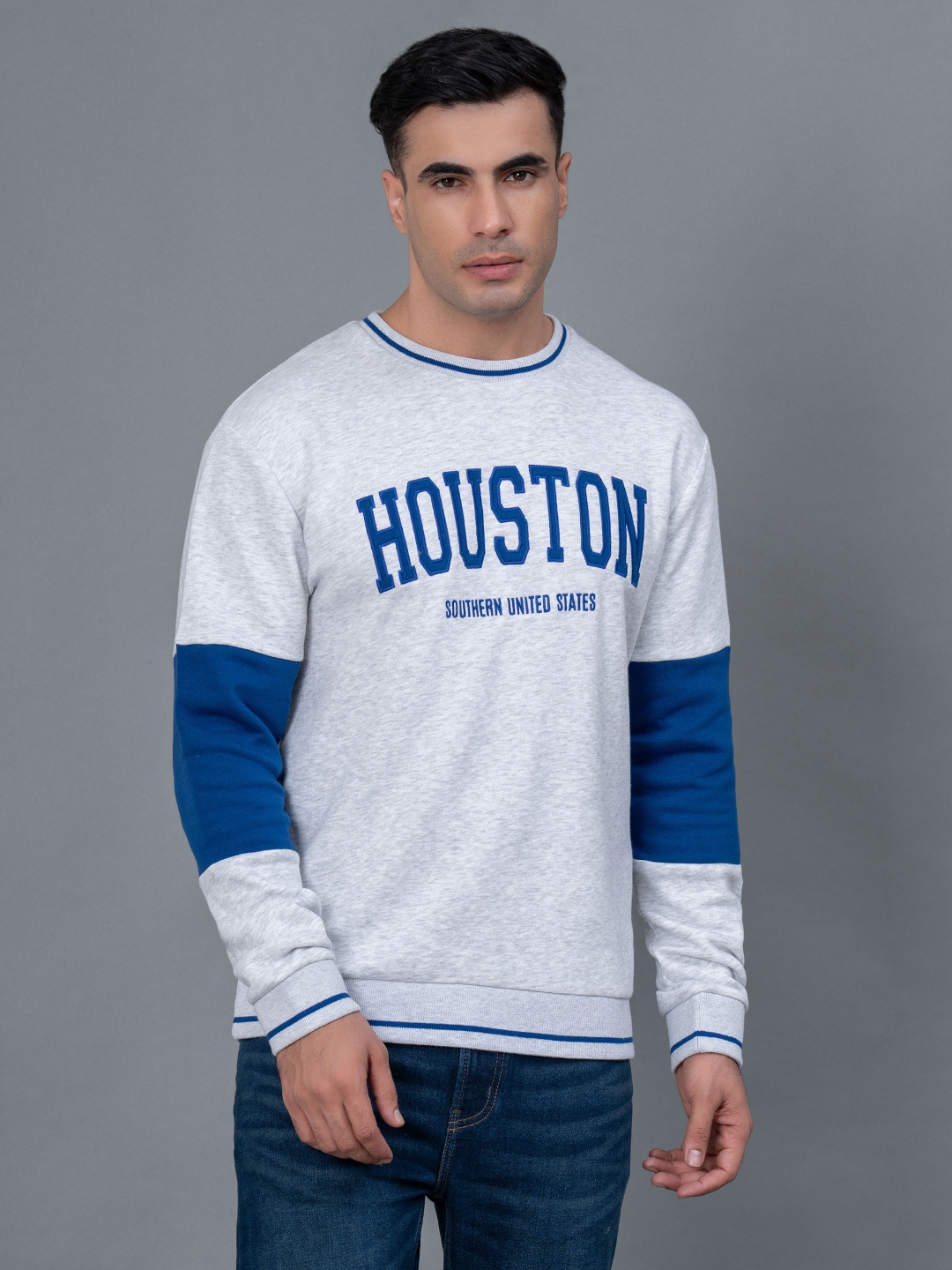 

Red Tape Typography Embroidered Round Neck Pullover, Grey melange