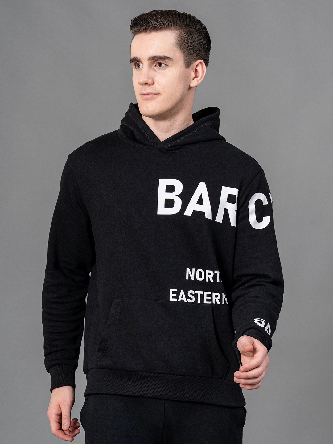 

Red Tape Typography Printed Fleece Hooded Sweatshirt, Black