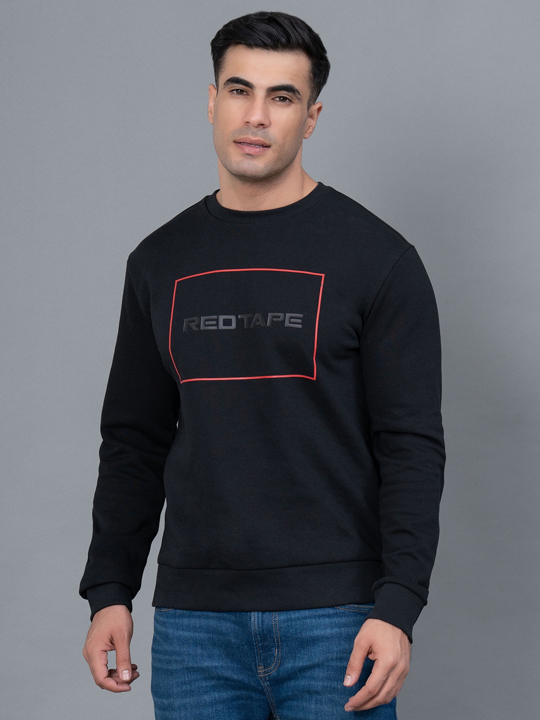 Red Tape Typography Printed Round Neck Sweatshirt, Black