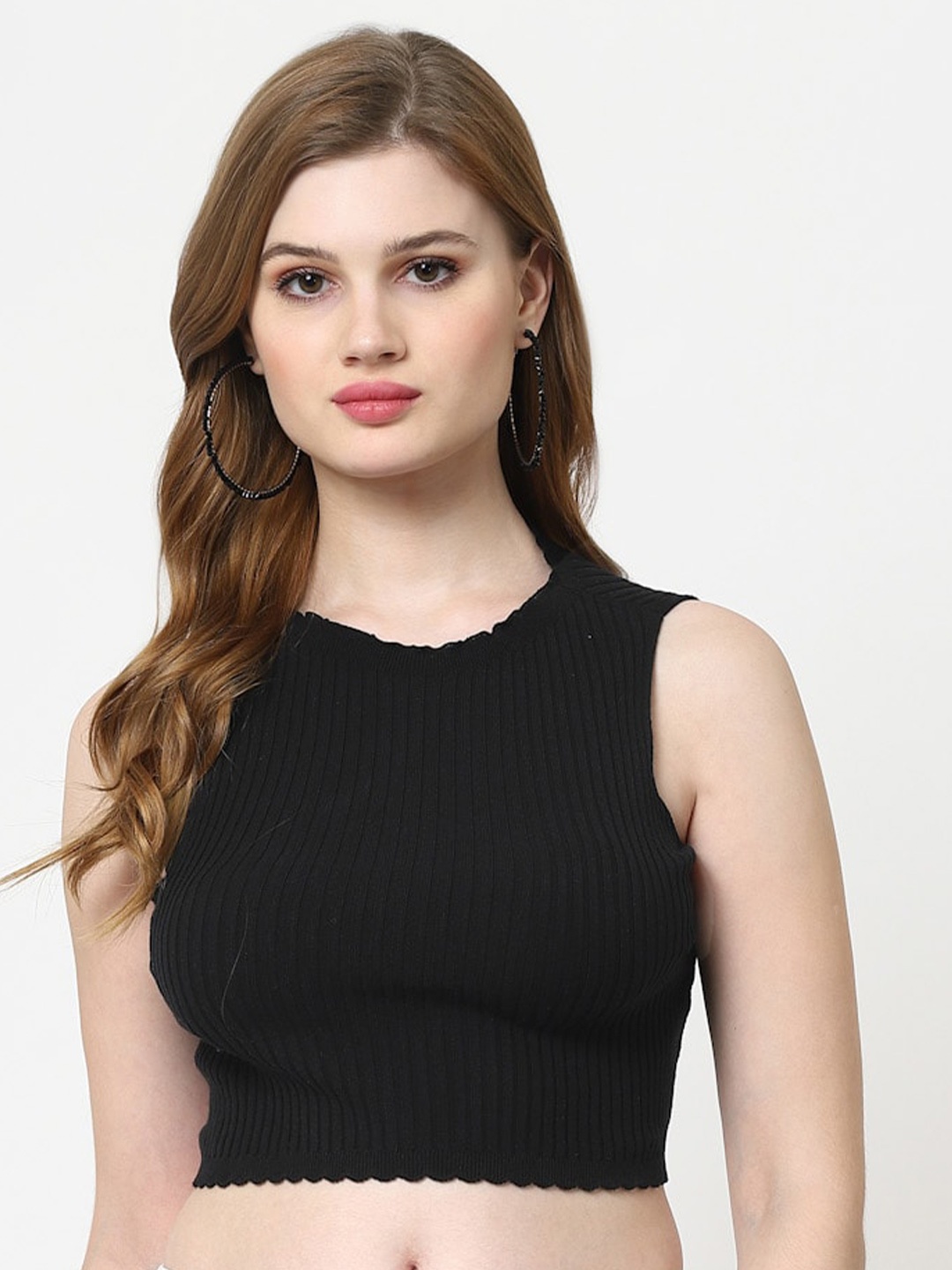 

Kalt Striped Cotton Sleeveless Crop Fitted Top, Black