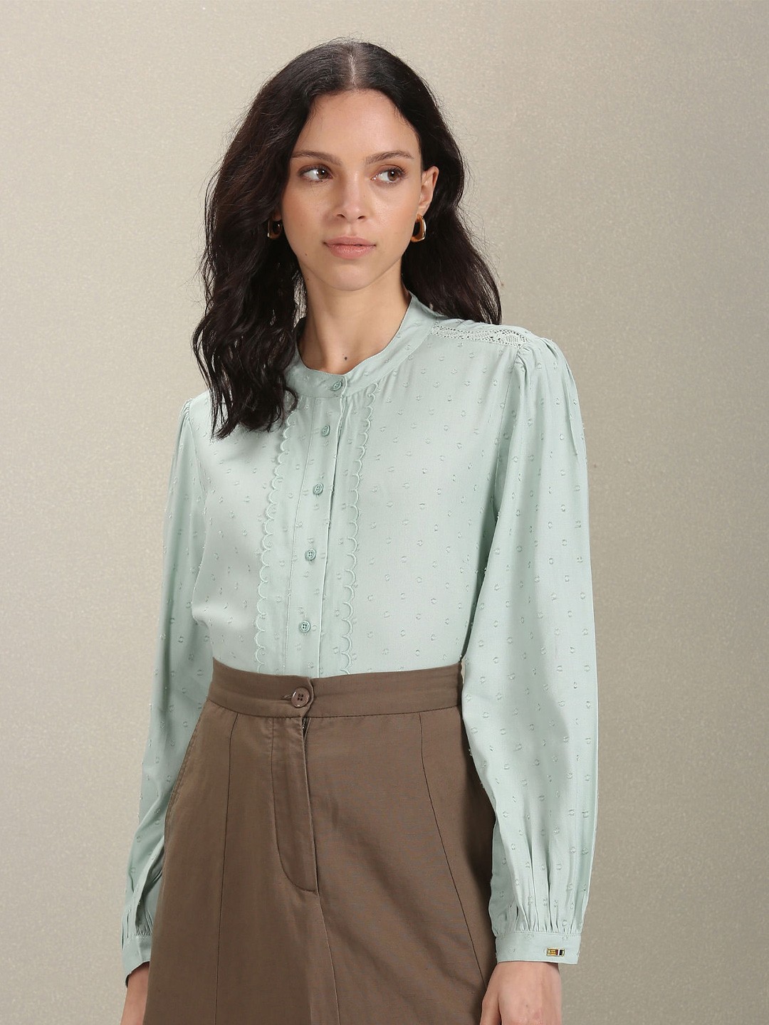 U.S. Polo Assn. Women Comfort Fit Self Design Mandarin Collar Casual Shirt, Blue