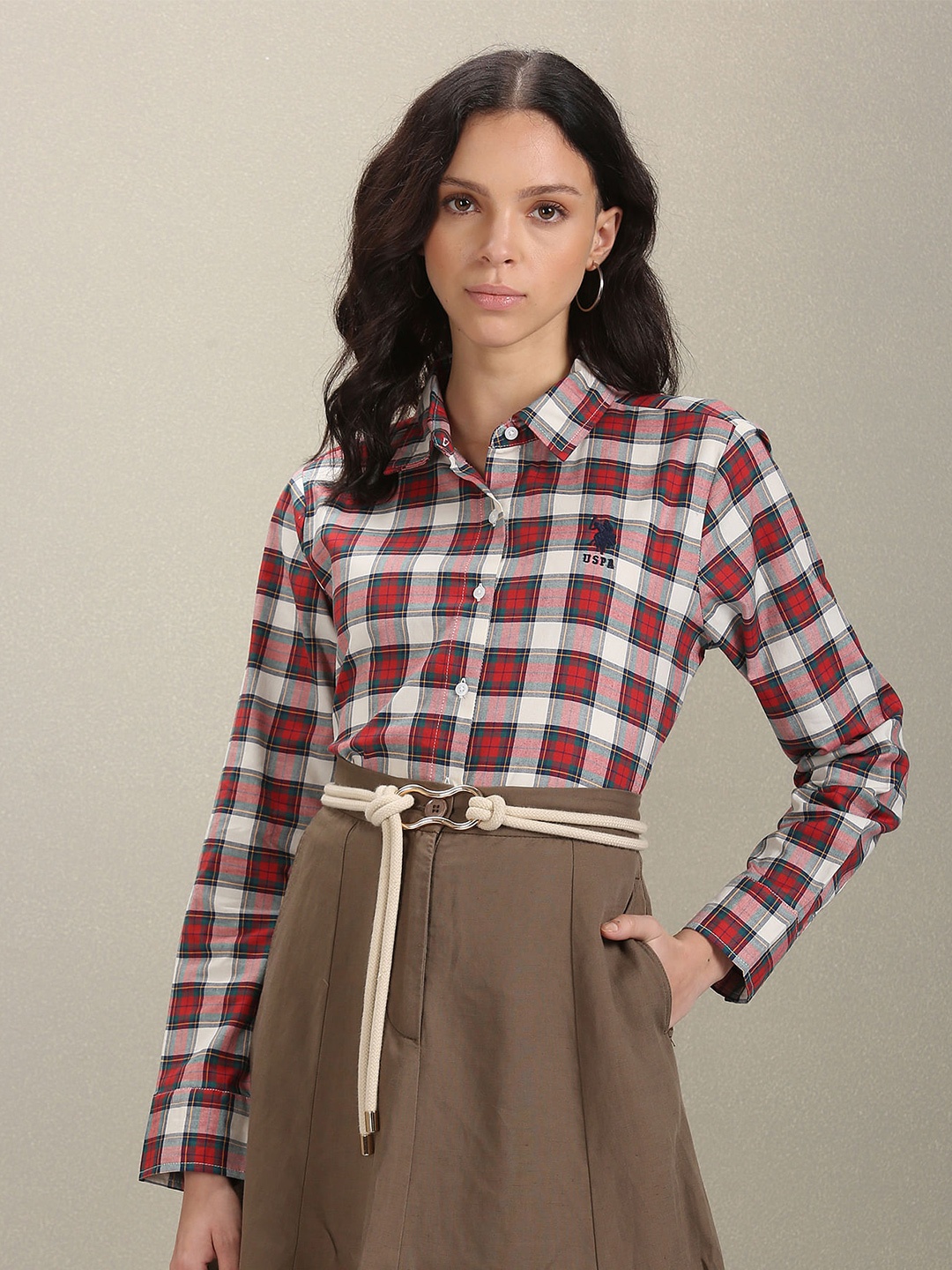 

U.S. Polo Assn. Women Comfort Fit Tartan Checked Cotton Casual Shirt, Red