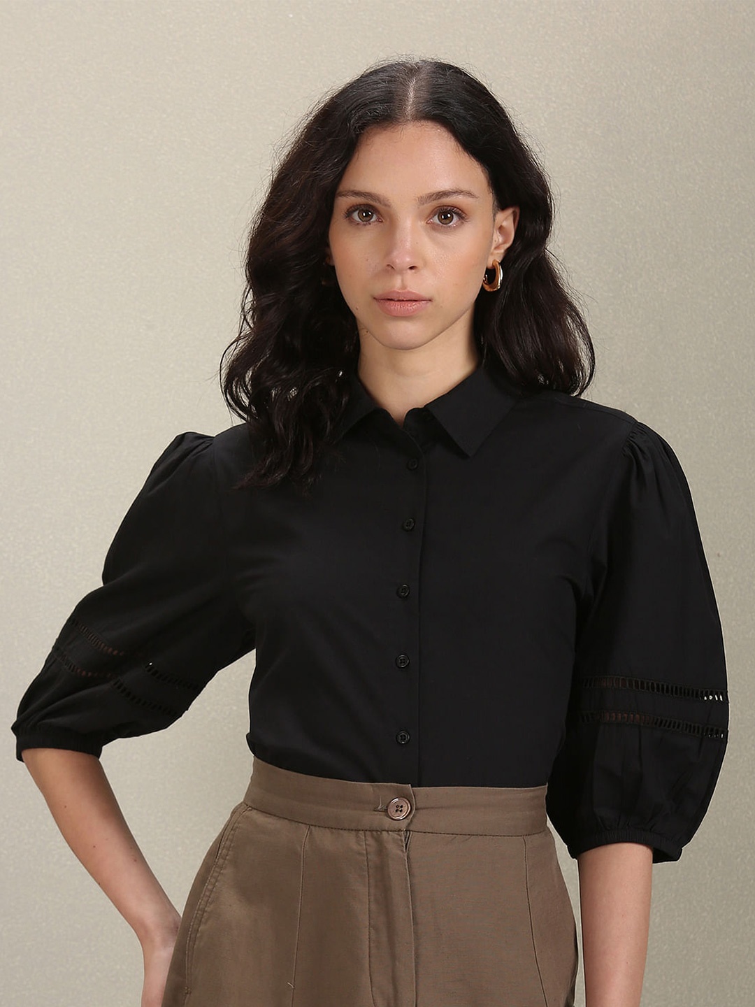 

U.S. Polo Assn. Women Comfort Fit Puff Sleeves Cotton Casual Shirt, Black