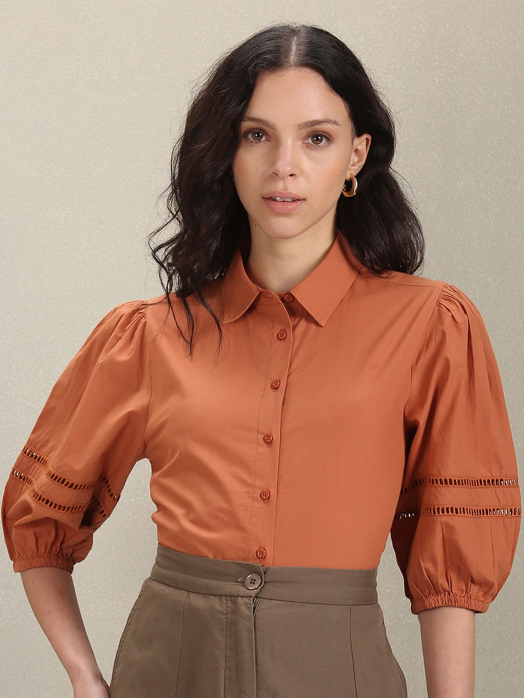 

U.S. Polo Assn. Women Comfort Fit Puff Sleeves Cotton Casual Shirt, Rust