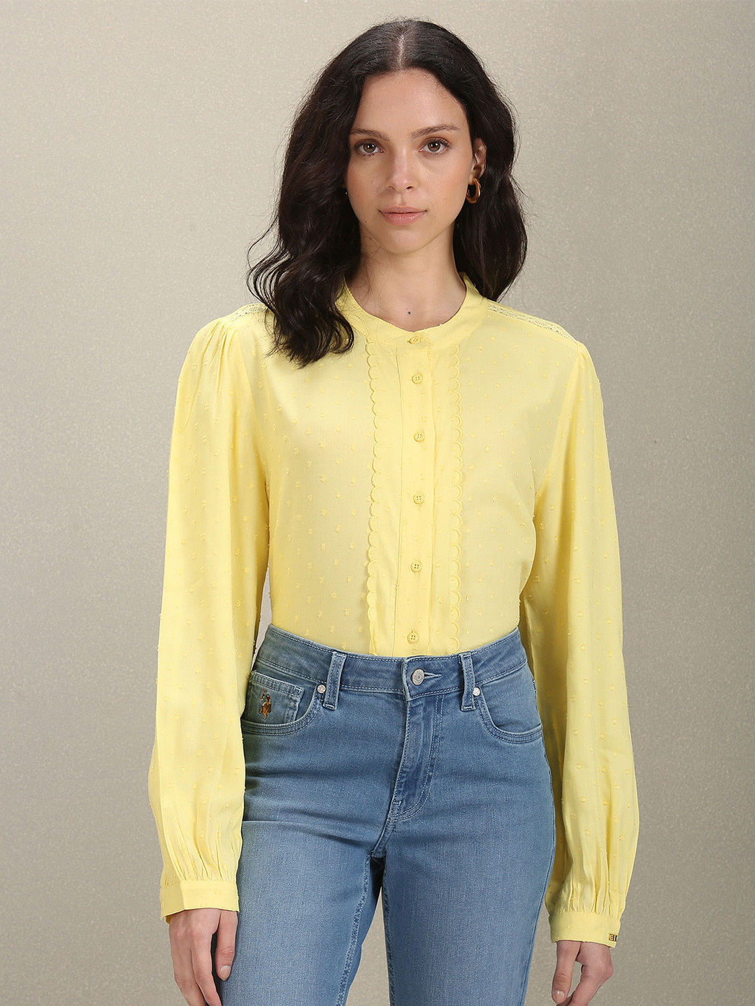 

U.S. Polo Assn. Women Comfort Fit Self Design Mandarin Collar Casual Shirt, Yellow