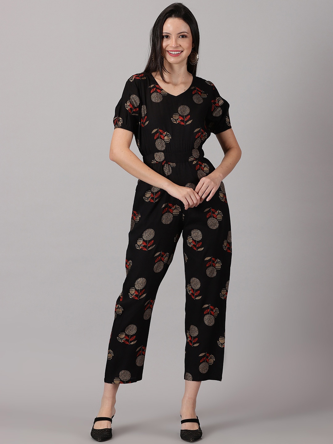 

DK FAB Printed V-Neck Basic Jumpsuit, Black