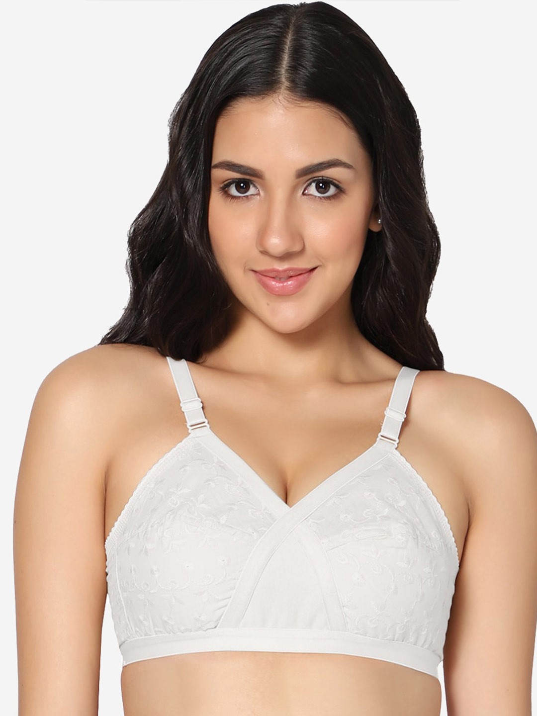 In Care Floral Embroidery Full Coverage Pure Cotton T-shirt Bra With All Day Comfort, White