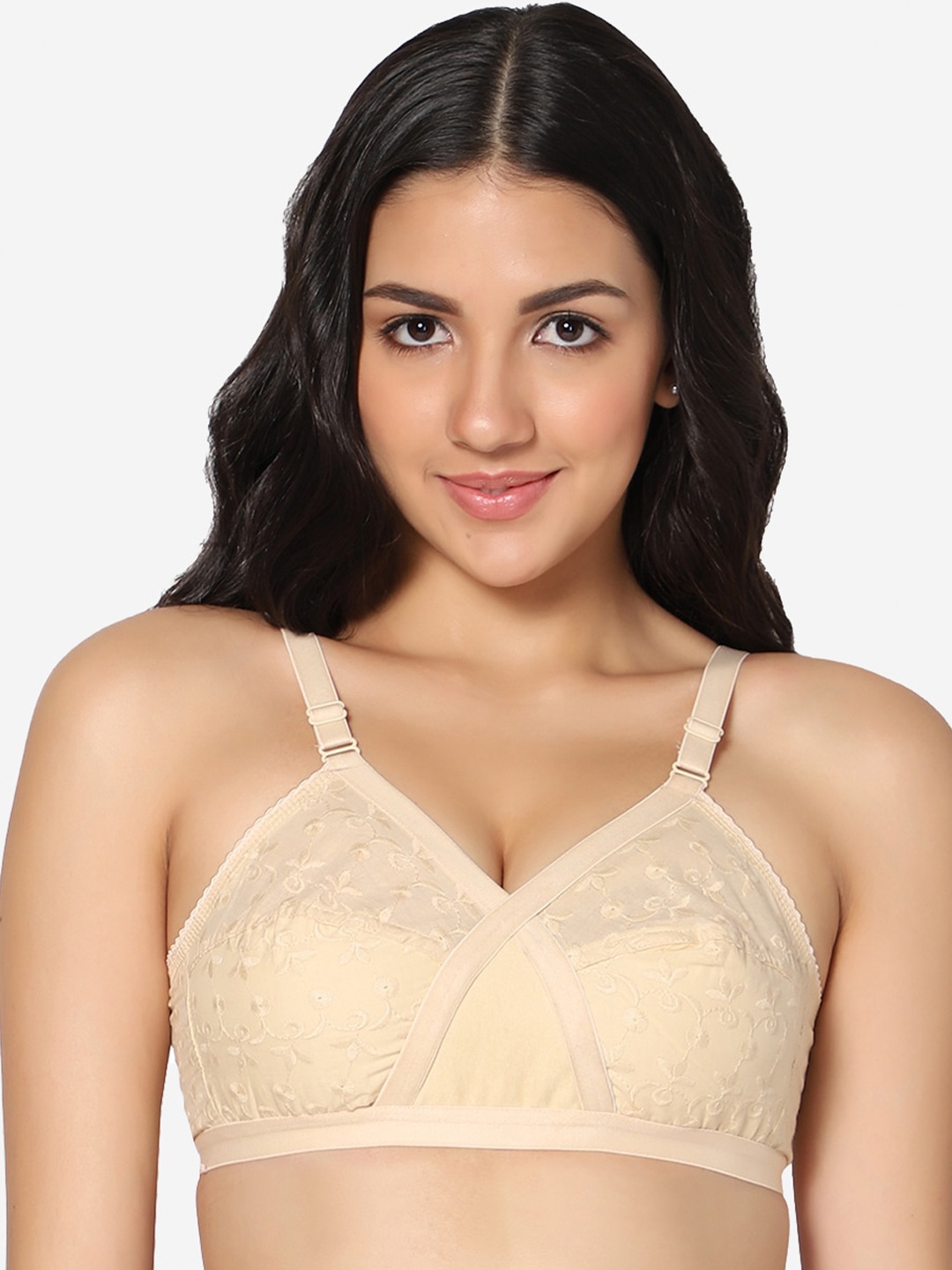 

In Care Floral Embroidery Full Coverage Pure Cotton T-shirt Bra With All Day Comfort, Nude