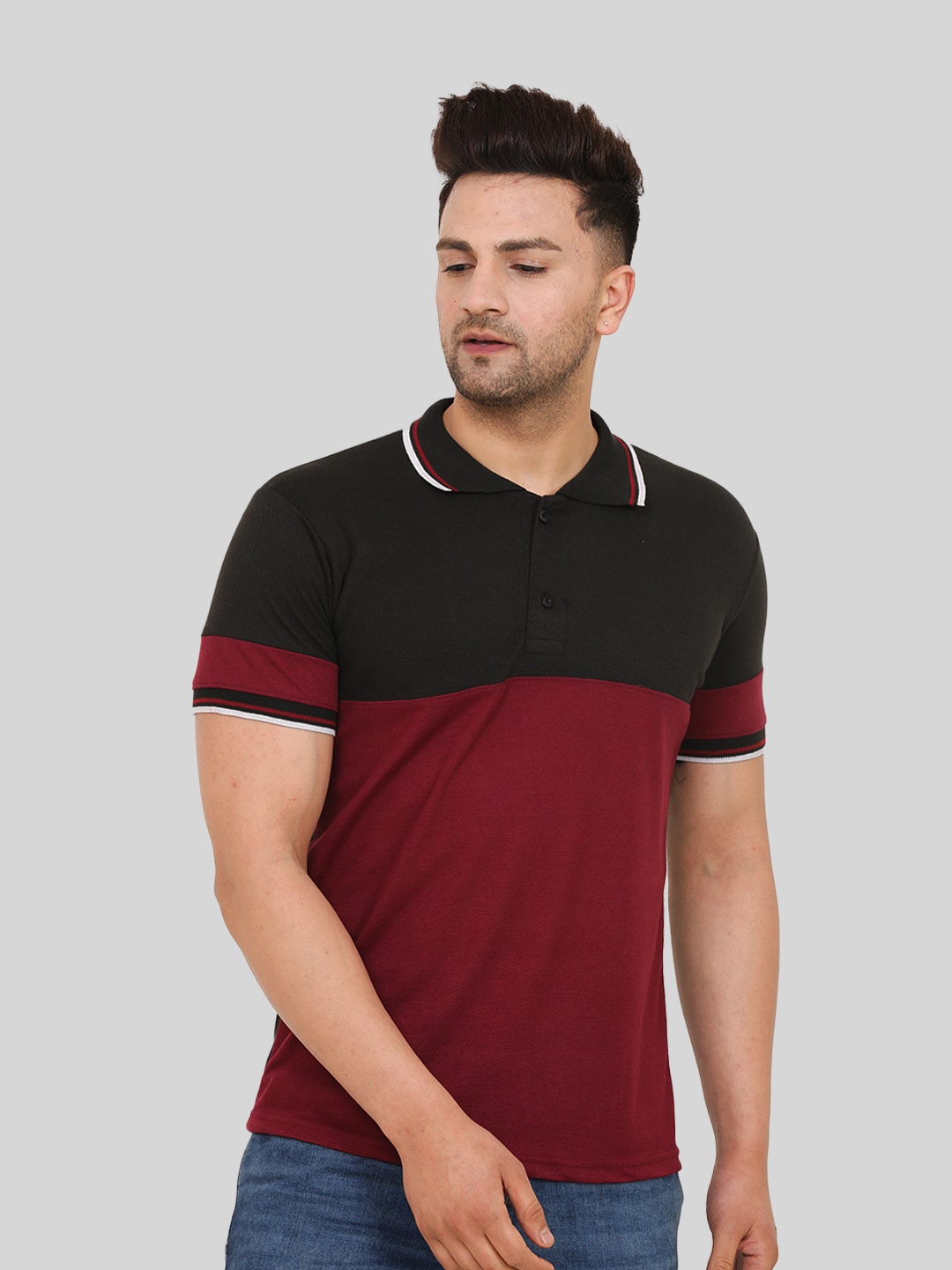 

Leotude Colourblocked Polo Collar Casual T-shirt, Maroon