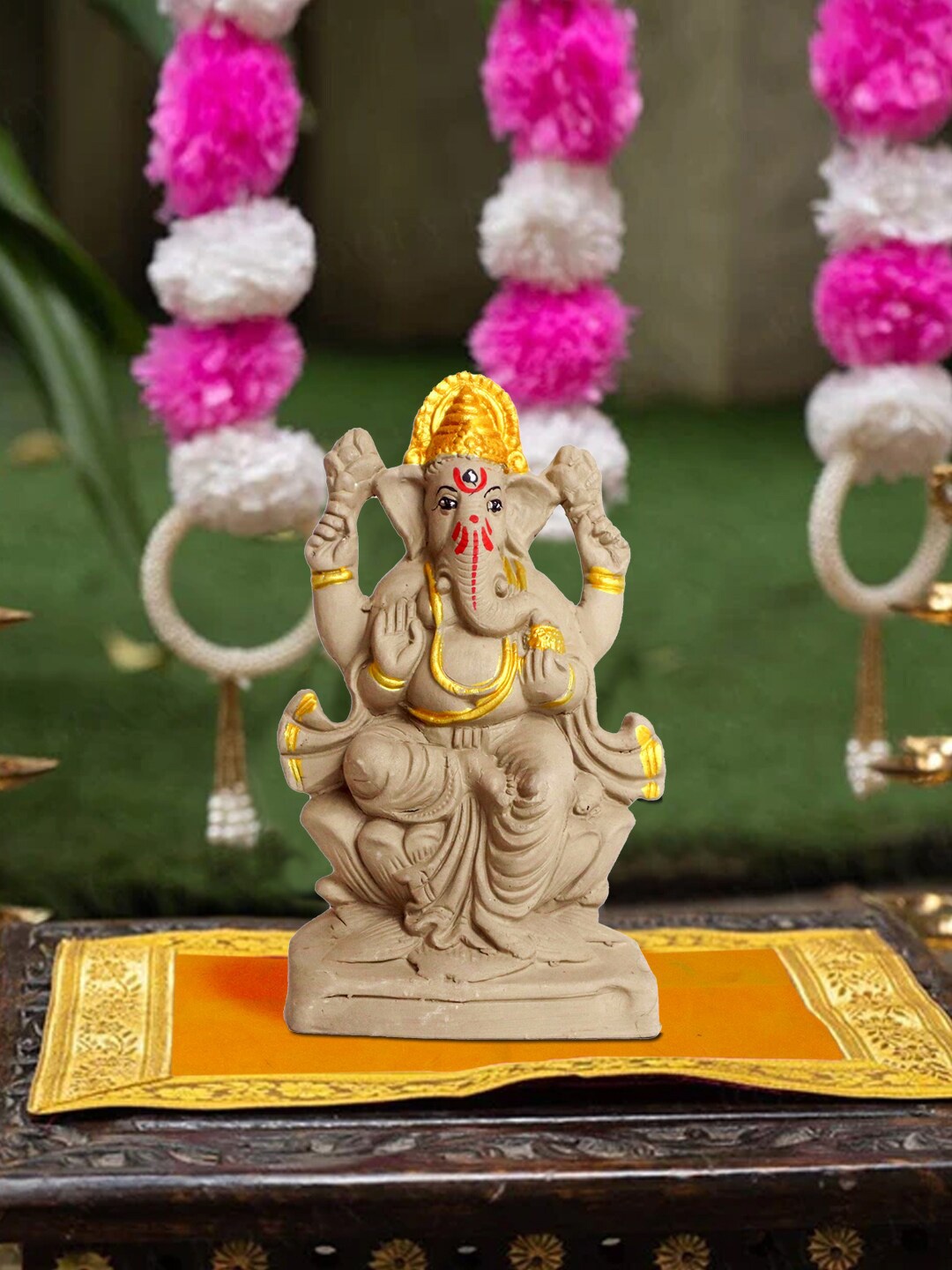 

TIED RIBBONS Eco Friendly Clay Ganesha Idol With Cloth Aasan Festive Decor, Brown