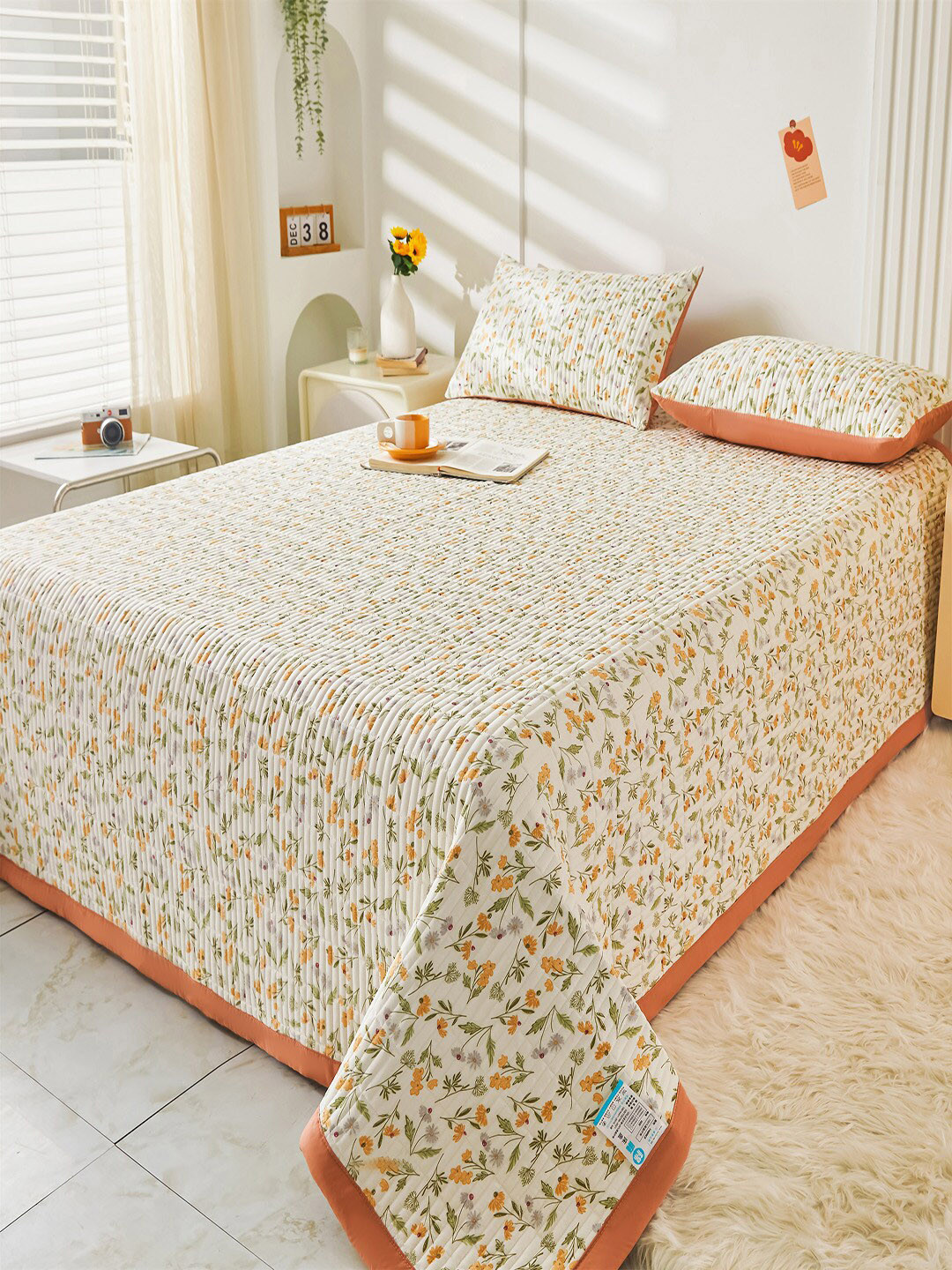 

JC HOME Beige & Peach Coloured Floral Printed Double Queen Bed Cover & Pillow Covers