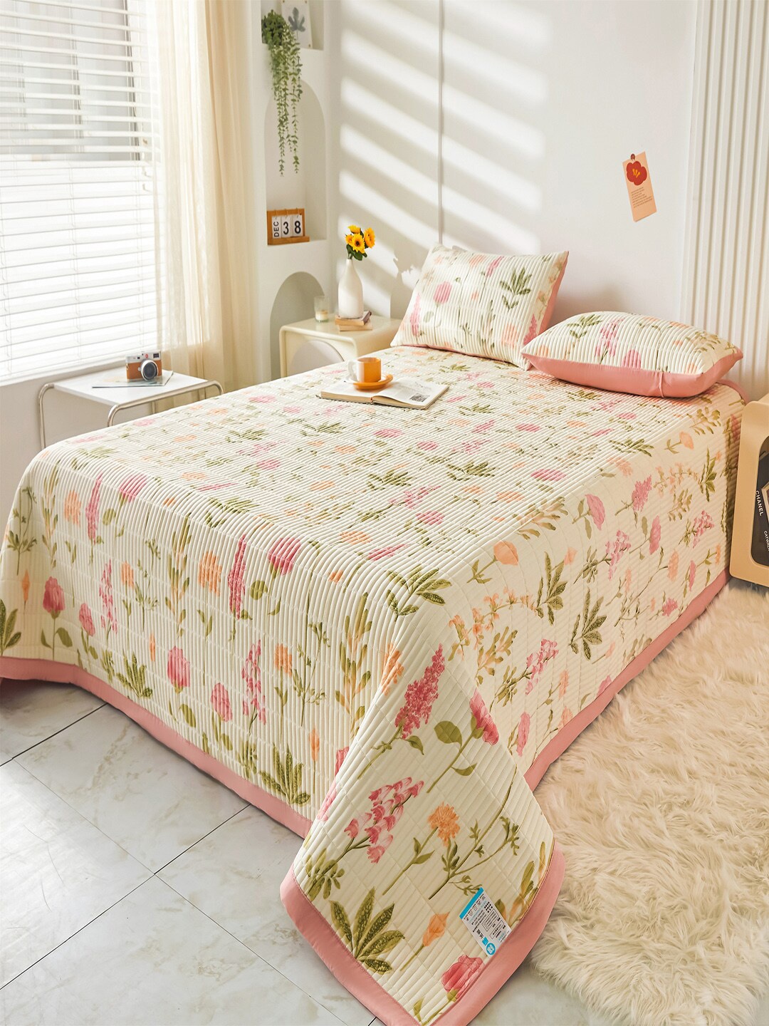 

JC HOME Pink Beige Floral Printed Double XL Bed Cover With Pillow Covers