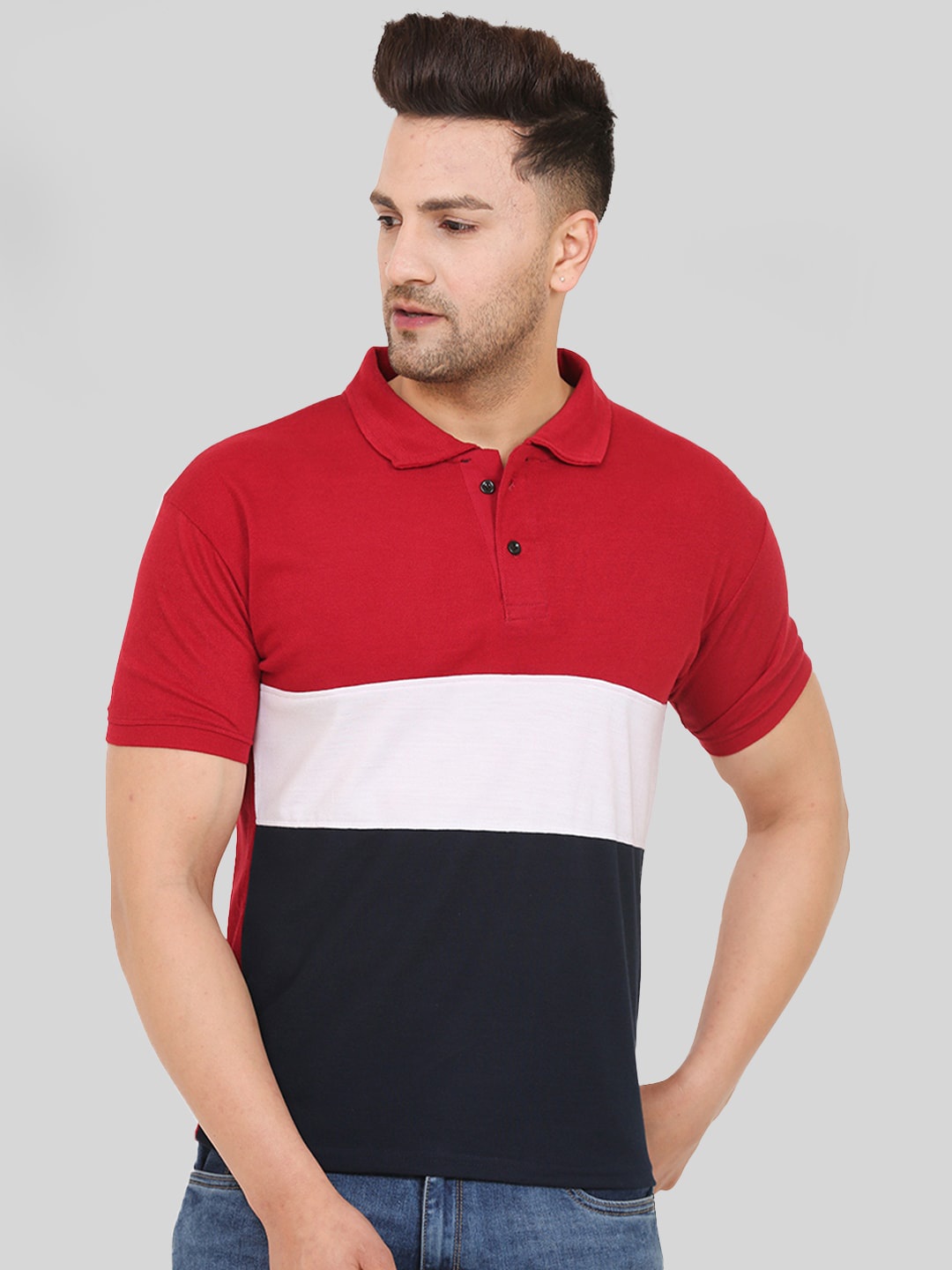 

Leotude Colourblocked Polo Collar Casual T-shirt, Maroon