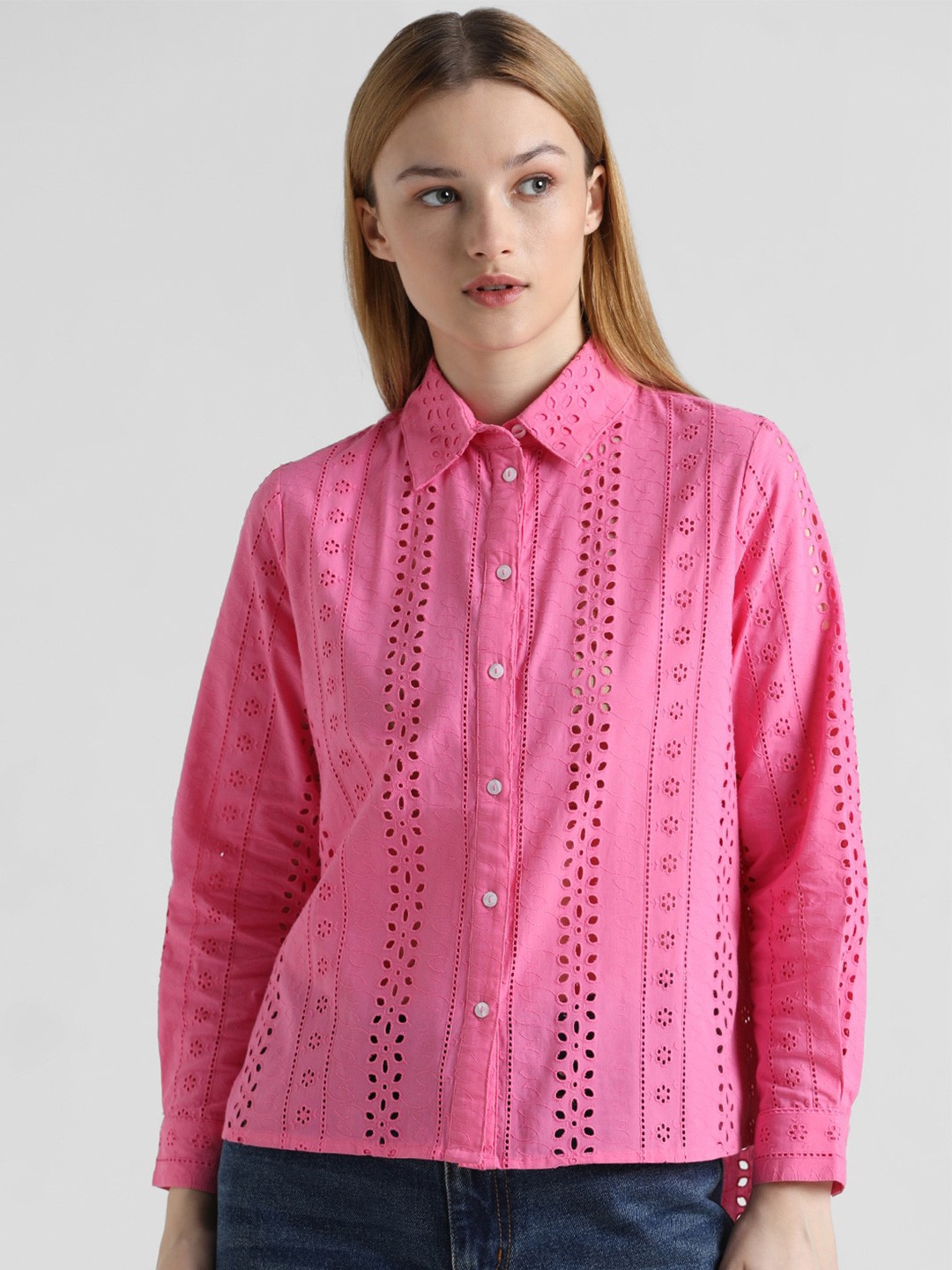 

ONLY Self Design Opaque Casual Shirt, Pink