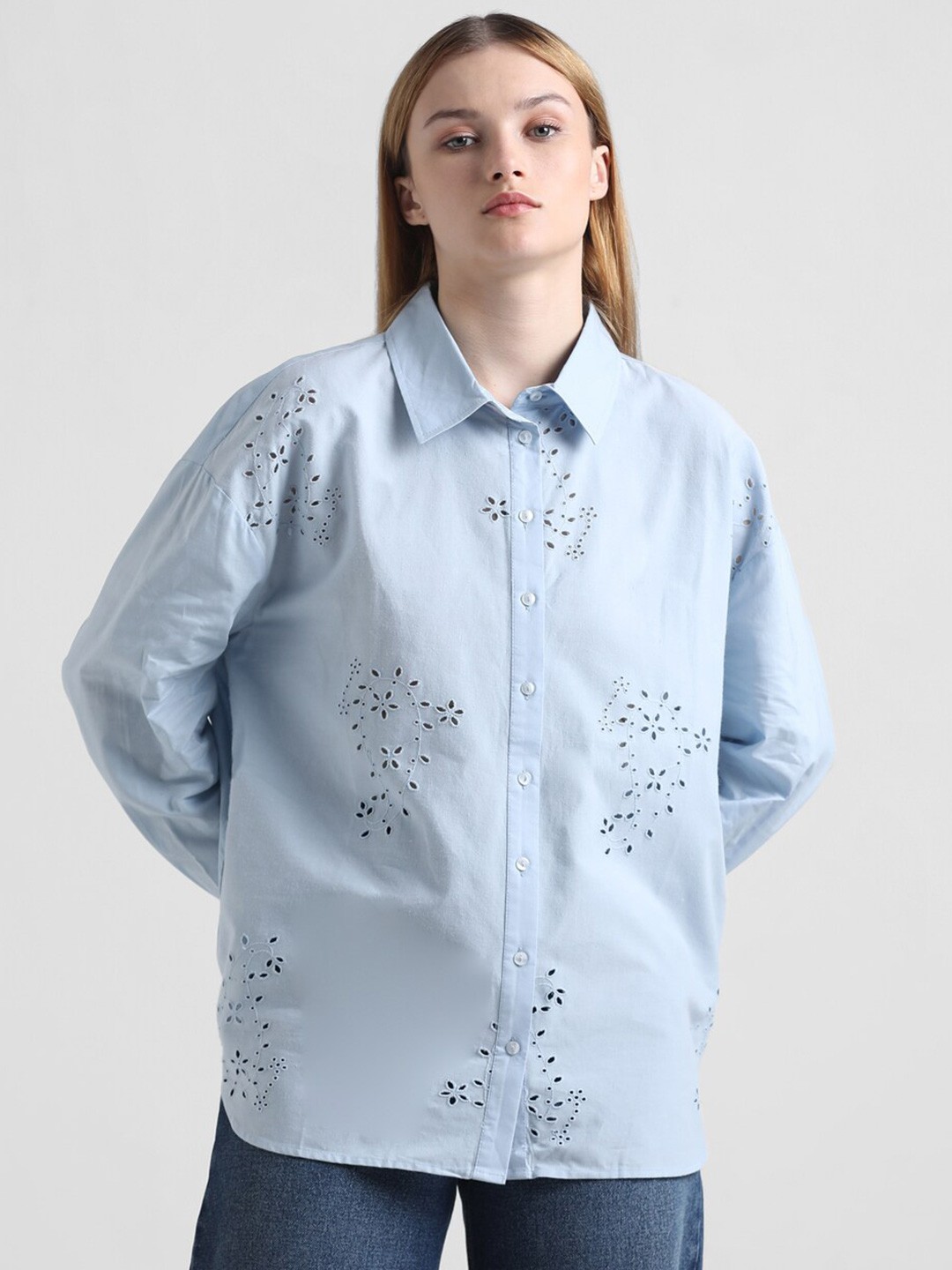 ONLY Onl Uexpaisley Self Design Spread Collar Casual Pure Cotton Shirt, Blue