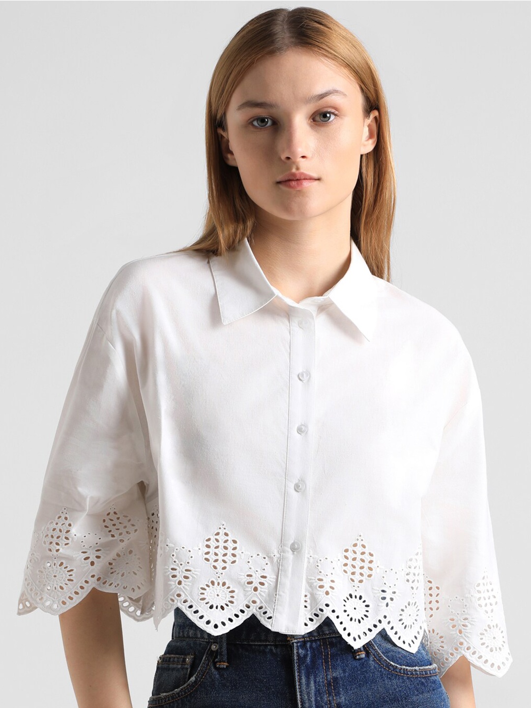 

ONLY Onl Uexborder Slim Fit Self Design Crop Casual Pure Cotton Shirt, White