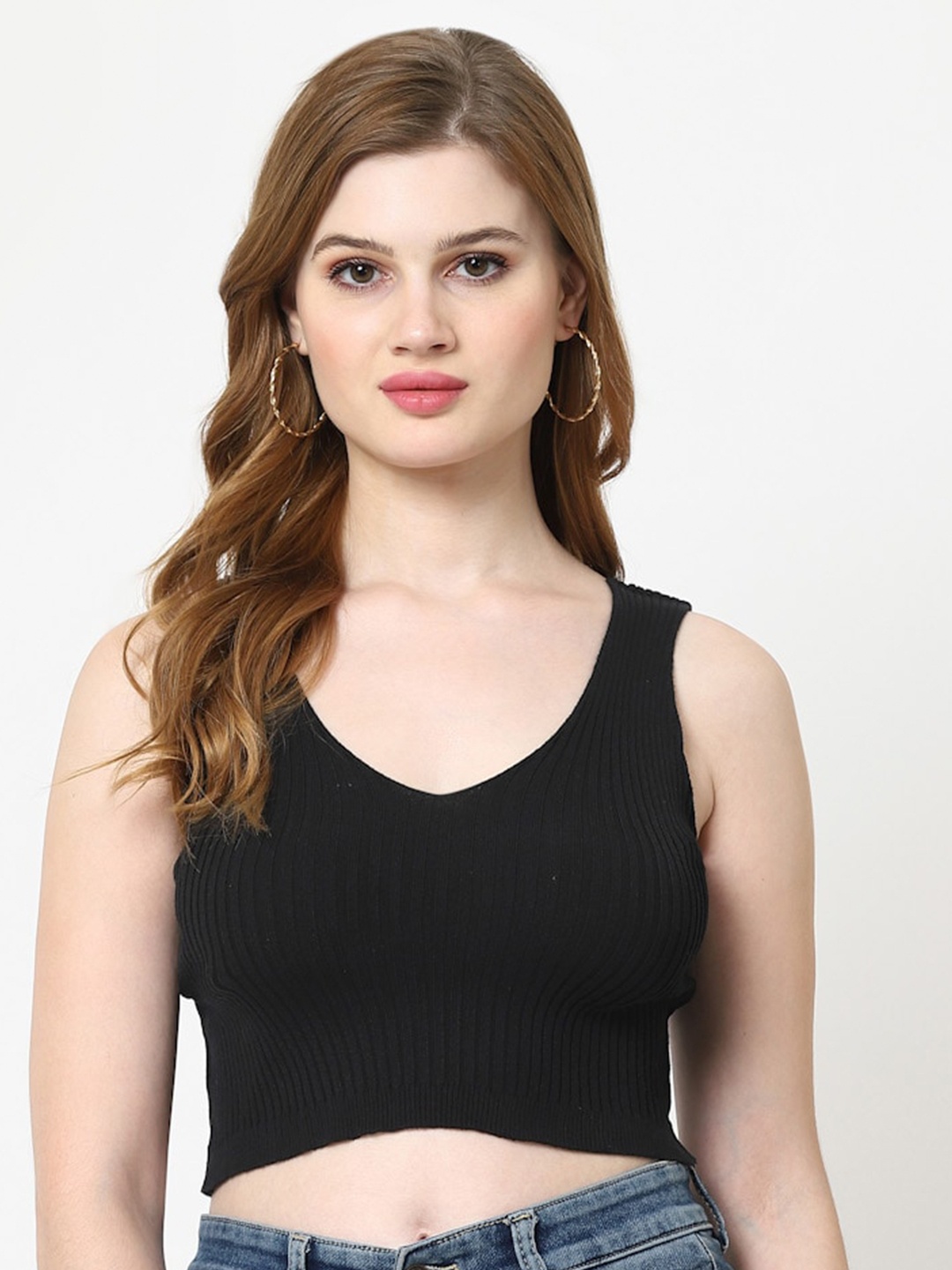 

Kalt Ribbed V-Neck Cotton Fitted Crop Top, Black