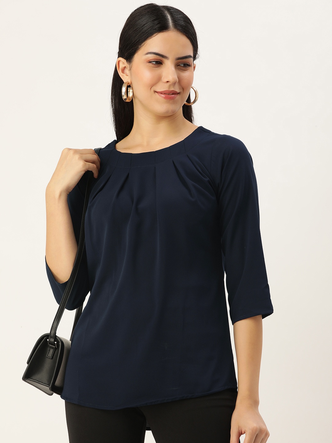 

SHANVIKA Solid Pleated Regular Top, Navy blue