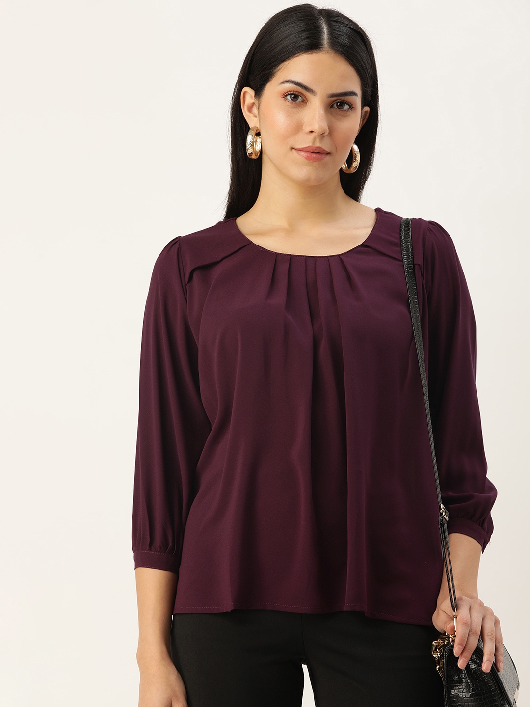 

SHANVIKA Solid Pleated Regular Top, Burgundy