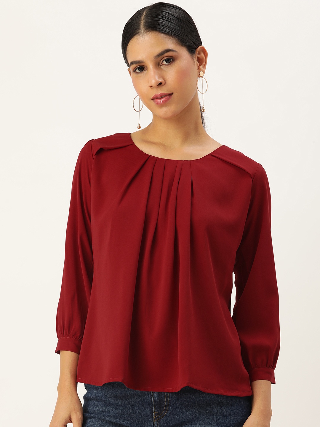 

SHANVIKA Solid Pleated Regular Top, Maroon