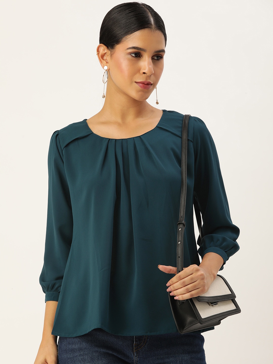 

SHANVIKA Solid Pleated Regular Top, Blue