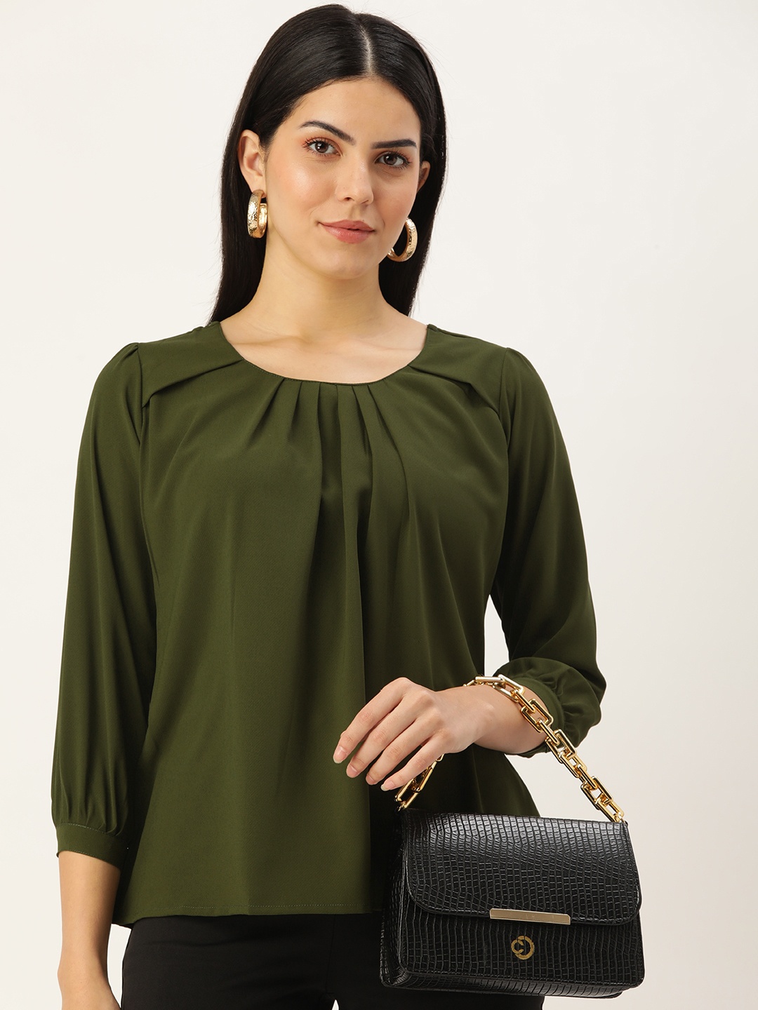 

SHANVIKA Solid Pleated Regular Top, Green