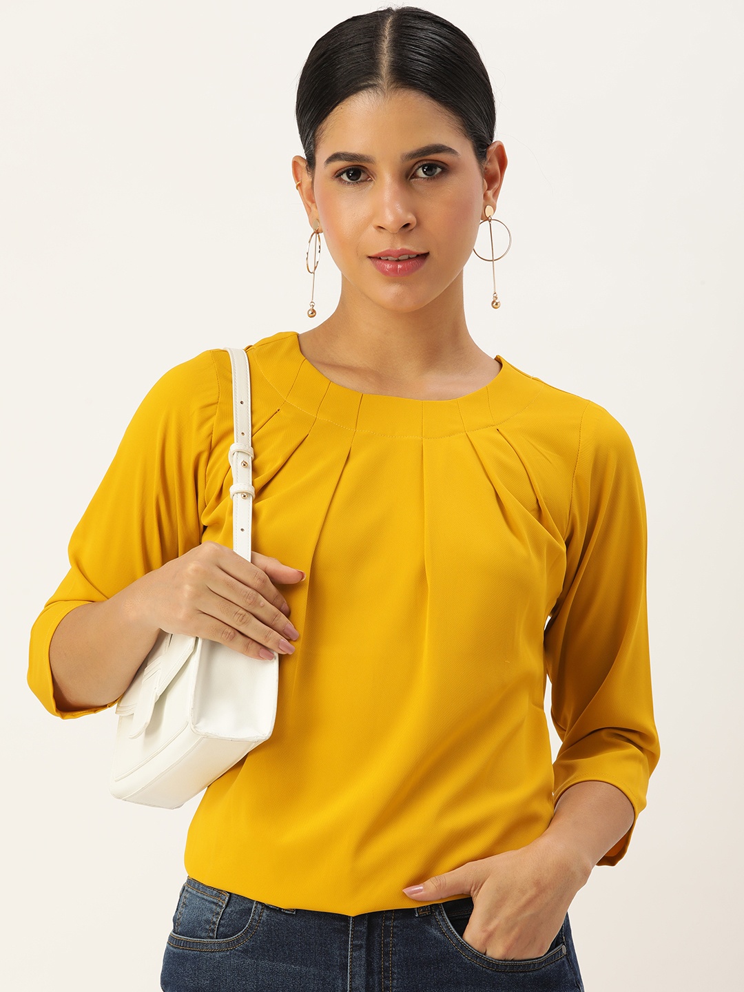 

SHANVIKA Solid Pleated Regular Top, Mustard