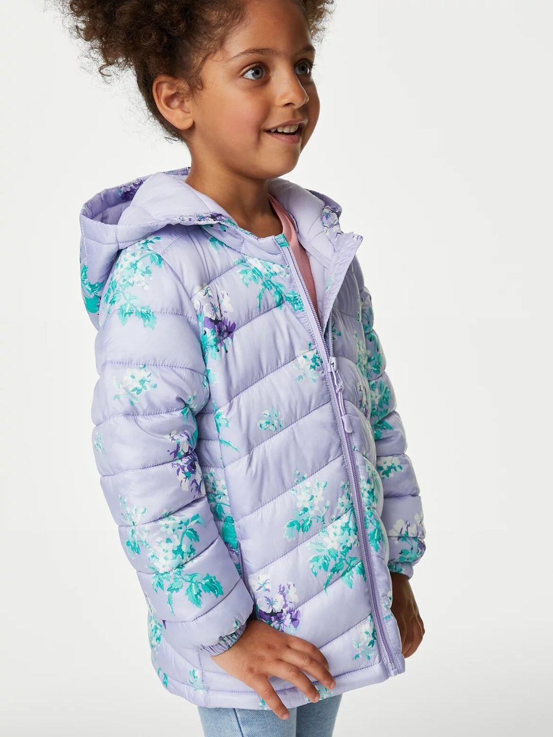 

Marks & Spencer Girls Floral Printed Hooded Longline Puffer Jacket, Purple