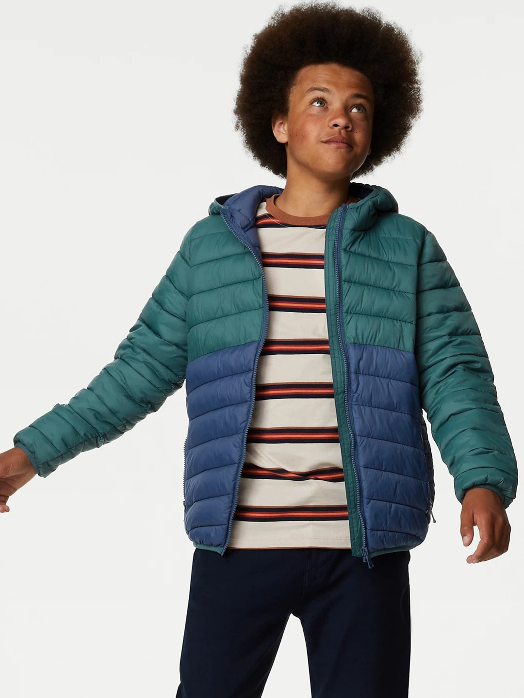 

Marks & Spencer Boys Colourblocked Hooded Lightweight Puffer Jacket, Green