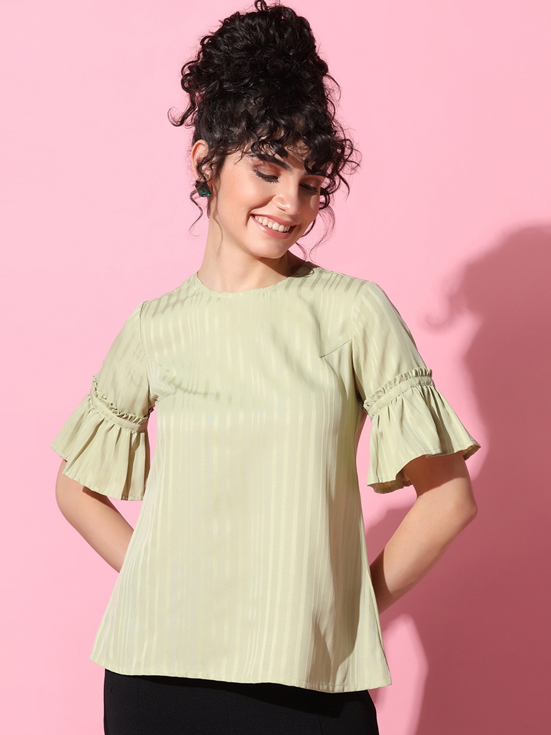 

FASHION DREAM Striped Bell Sleeve Top, Green