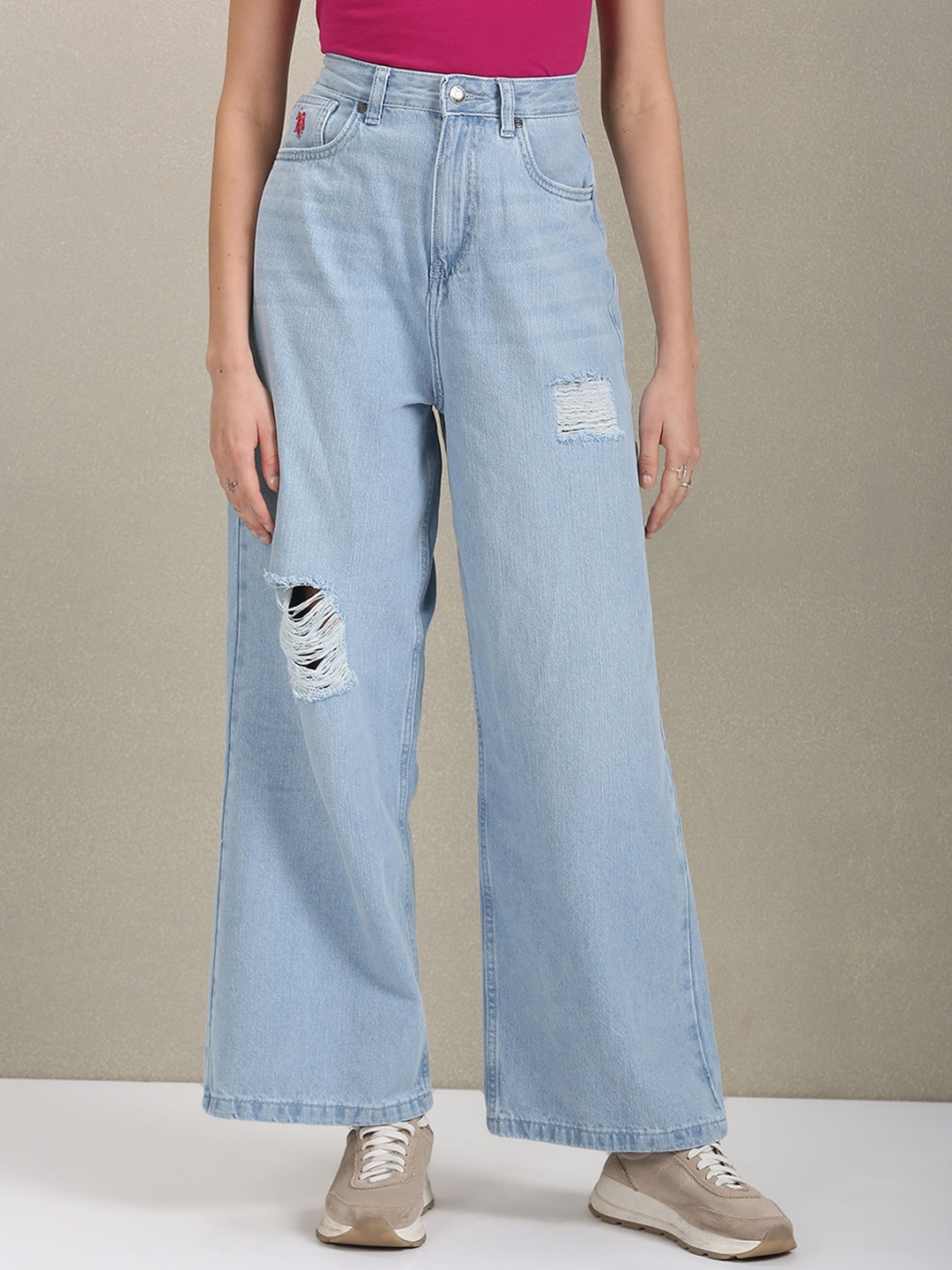 

U.S. Polo Assn. Women Wide Leg High-Rise Light Shade Mildly Distressed Jeans, Blue